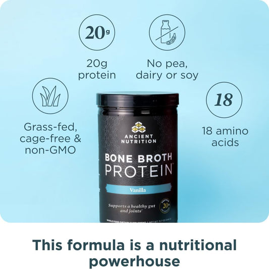 Ancient Nutrition Grass Fed Bone Broth Protein Powder, Vanilla | 20g Clean Protein, Grass-Fed & Pasture-Raised, Collagen Types I, II & III, Gut + Joint Support, 20 Servings