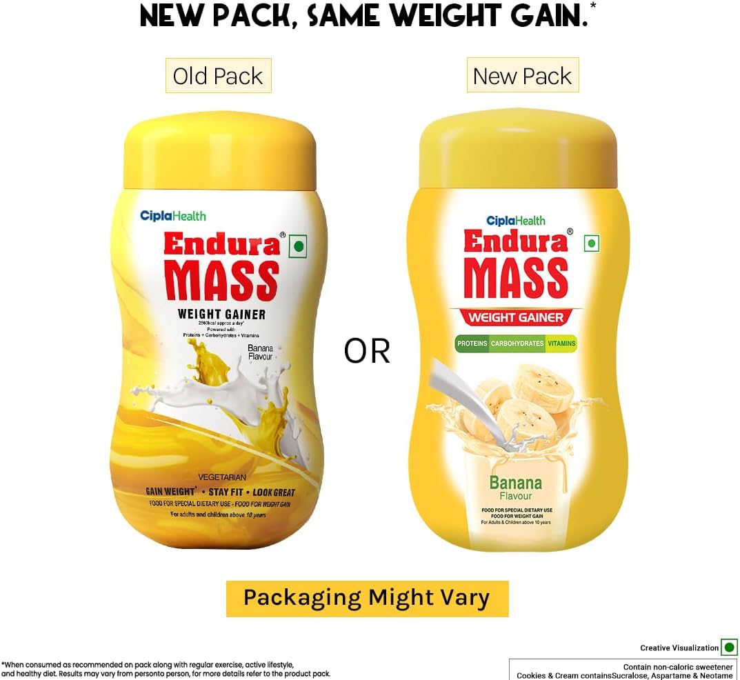 Endura Mass Weight Gainer Powder 500g Banana Flavour | Unique blend of 3 Sources of Protein, Carbs, Vitamins & Essential Minerals | Ideal for Children Above 10 Years, Men, Women & Athletes