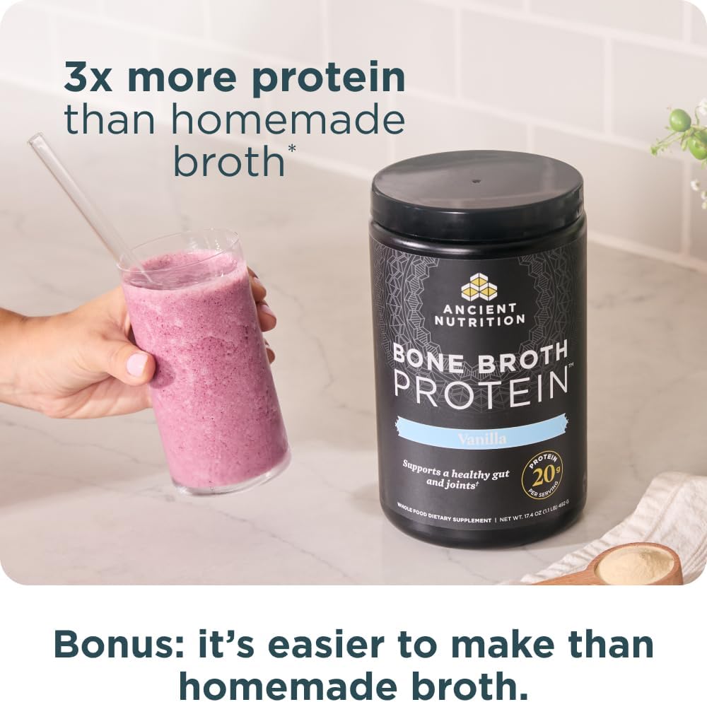 Ancient Nutrition Grass Fed Bone Broth Protein Powder, Vanilla | 20g Clean Protein, Grass-Fed & Pasture-Raised, Collagen Types I, II & III, Gut + Joint Support, 20 Servings