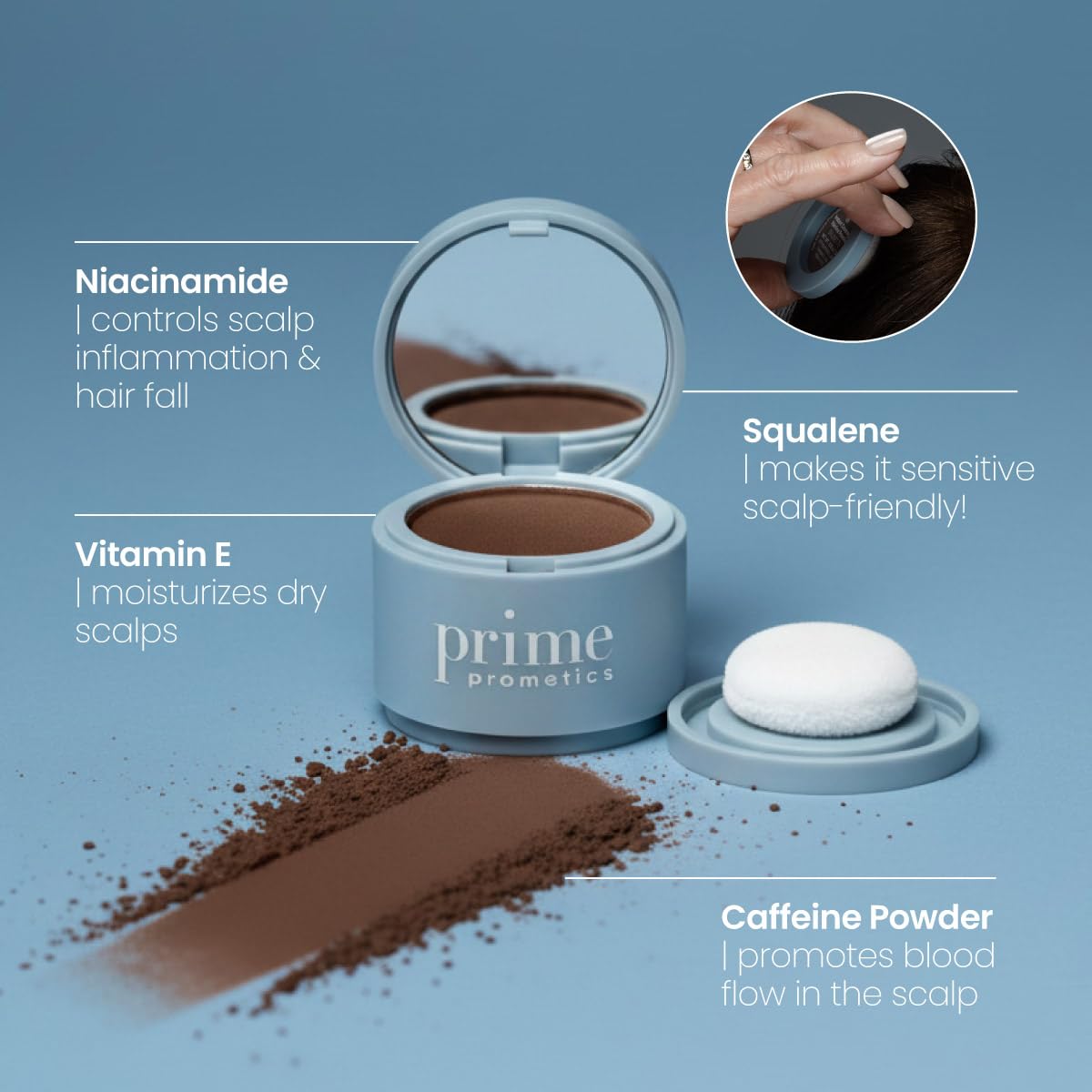 Prime Prometics Instant Coverage Hairline Powder for Mature Women – Covers Grays, Roots & Thinning Areas – Water & Sweat-Resistant – Natural, Fuller-Looking Hairline (Brunette)