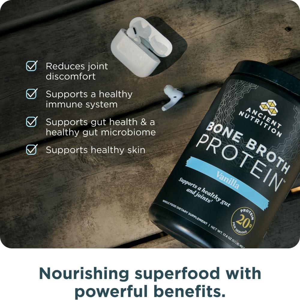 Ancient Nutrition Grass Fed Bone Broth Protein Powder, Vanilla | 20g Clean Protein, Grass-Fed & Pasture-Raised, Collagen Types I, II & III, Gut + Joint Support, 20 Servings