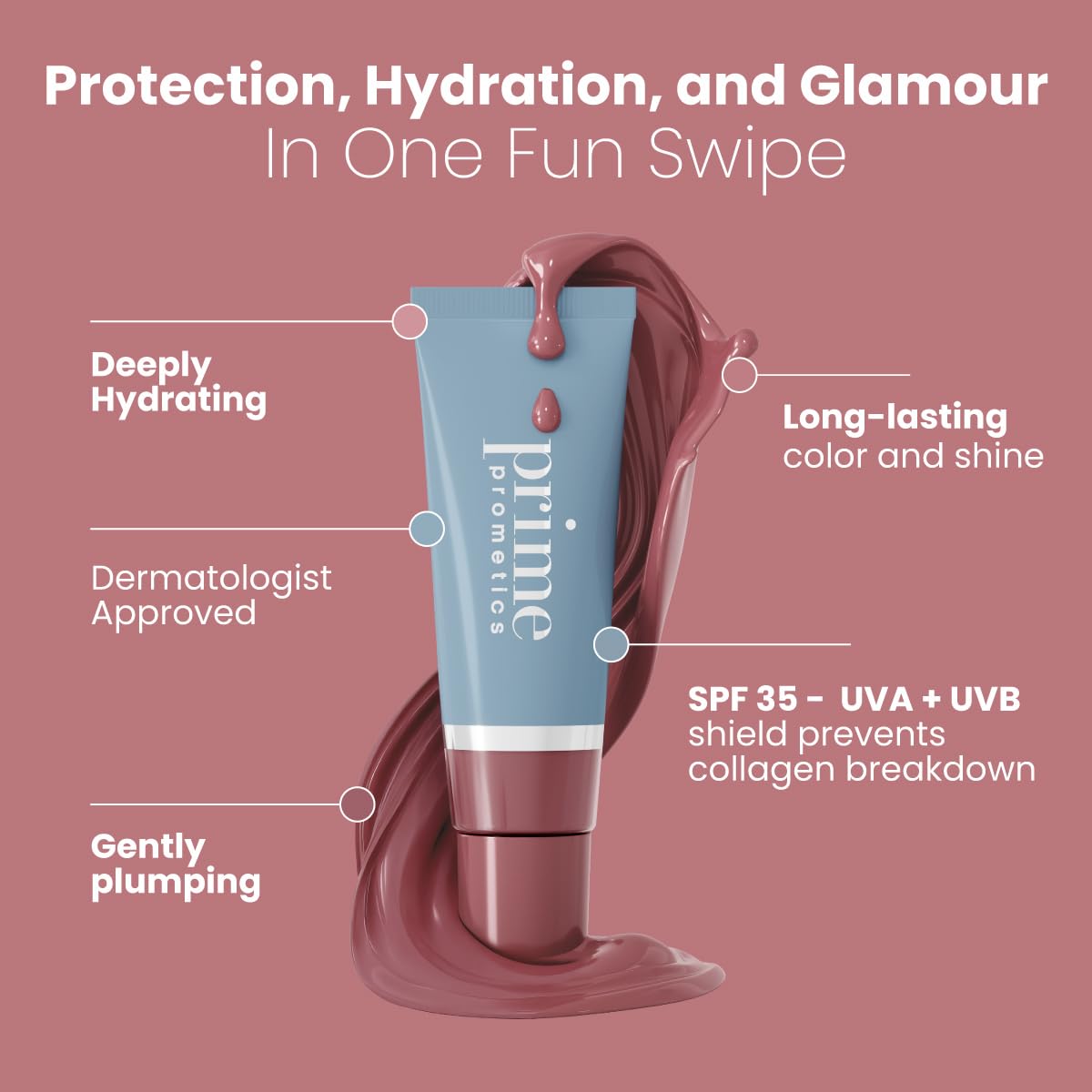 PRIME PROMETICS PrimeLip SPF 35 Lip Oil for Mature Women – UVA & UVB Shield – Intense, Long-Lasting Hydration – Vibrant Color & Non-Sticky, Shiny Gloss (Nude Rose)