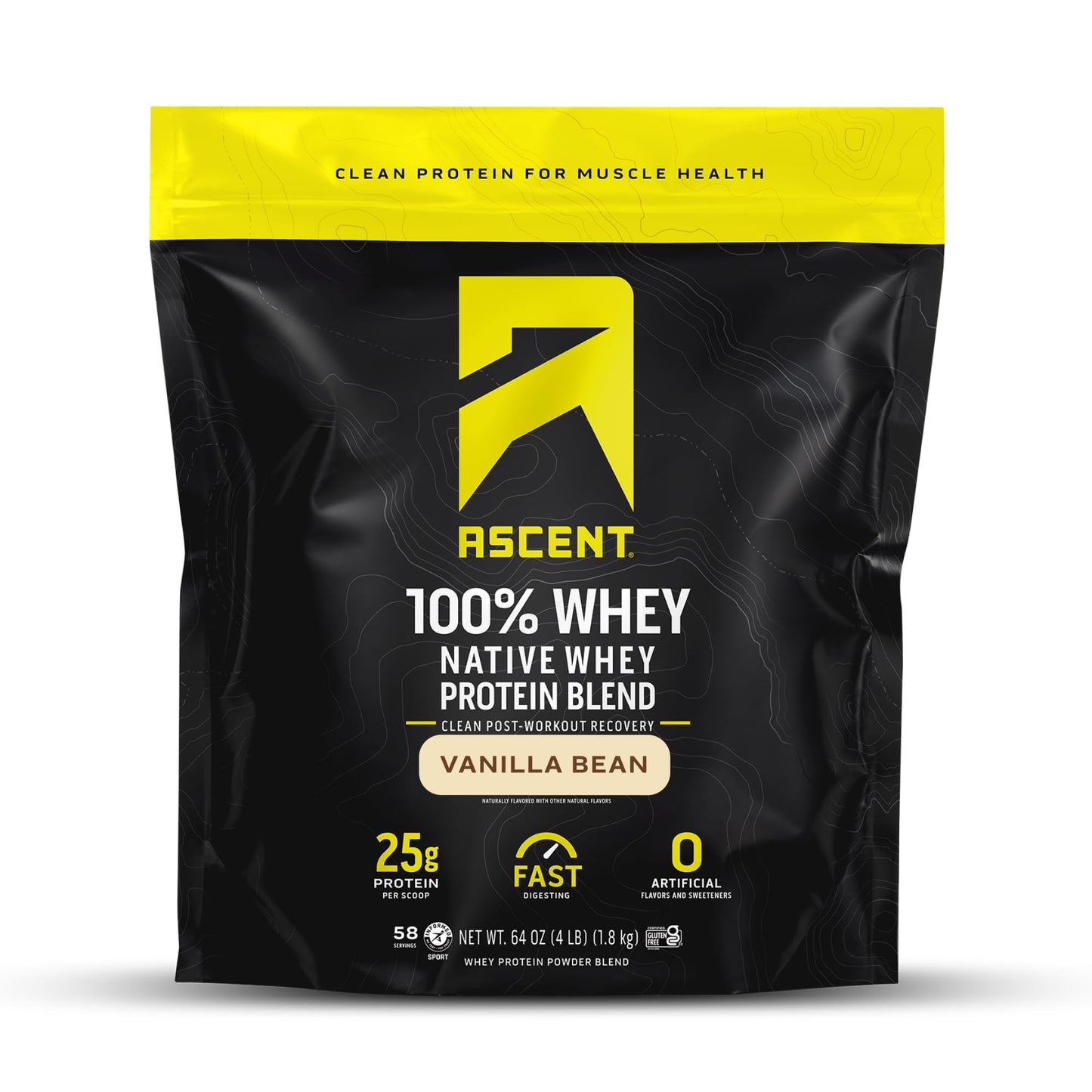Ascent 100% Whey Protein Powder - Post Workout Whey Protein Isolate, Zero Artificial Flavors & Sweeteners, Soy & Gluten Free, 5.5g BCAA, 2.6g Leucine, Essential Amino Acids, Vanilla Bean 2 lb