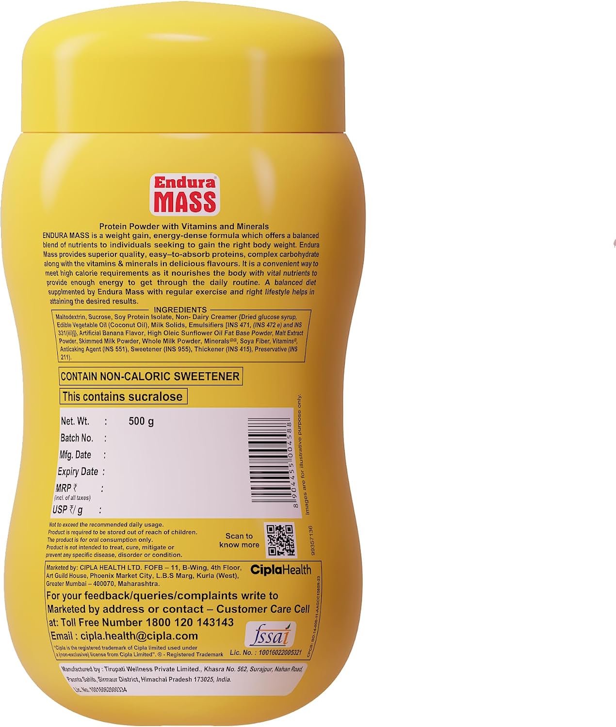 Endura Mass Weight Gainer Powder 500g Banana Flavour | Unique blend of 3 Sources of Protein, Carbs, Vitamins & Essential Minerals | Ideal for Children Above 10 Years, Men, Women & Athletes