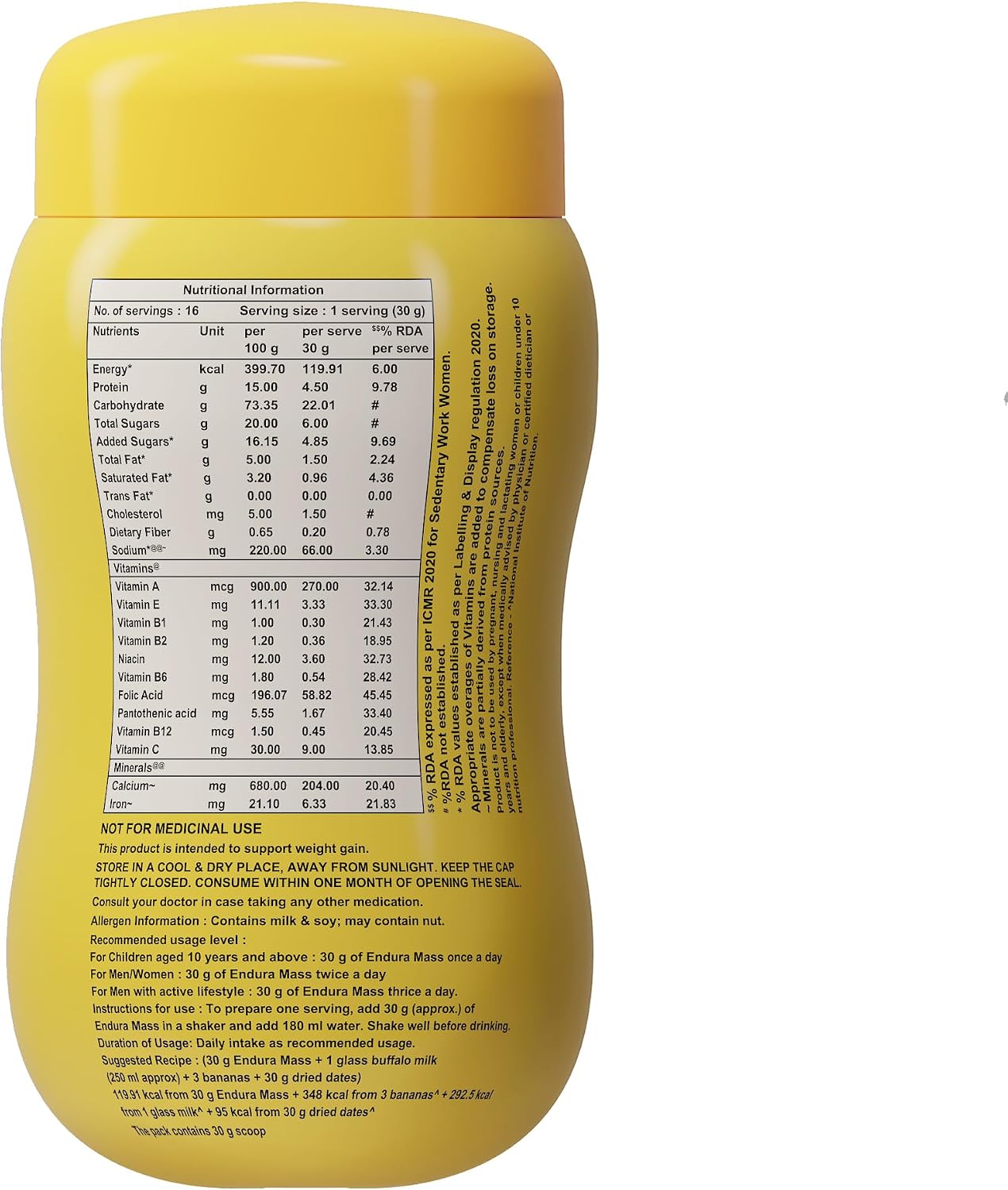 Endura Mass Weight Gainer Powder 500g Banana Flavour | Unique blend of 3 Sources of Protein, Carbs, Vitamins & Essential Minerals | Ideal for Children Above 10 Years, Men, Women & Athletes