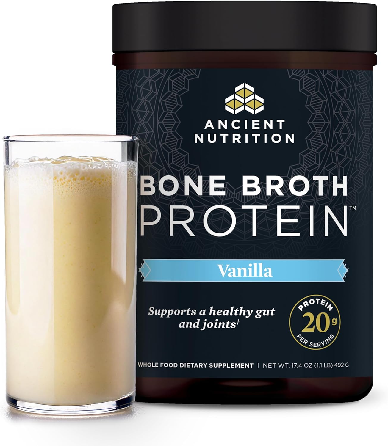 Ancient Nutrition Grass Fed Bone Broth Protein Powder, Vanilla | 20g Clean Protein, Grass-Fed & Pasture-Raised, Collagen Types I, II & III, Gut + Joint Support, 20 Servings