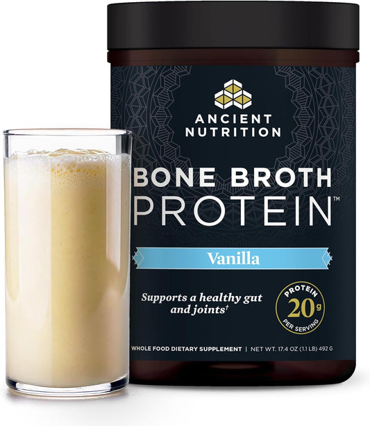 Ancient Nutrition Grass Fed Bone Broth Protein Powder, Vanilla | 20g Clean Protein, Grass-Fed & Pasture-Raised, Collagen Types I, II & III, Gut + Joint Support, 20 Servings