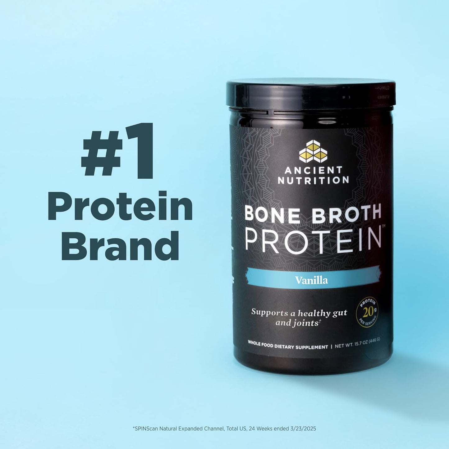 Ancient Nutrition Grass Fed Bone Broth Protein Powder, Vanilla | 20g Clean Protein, Grass-Fed & Pasture-Raised, Collagen Types I, II & III, Gut + Joint Support, 20 Servings