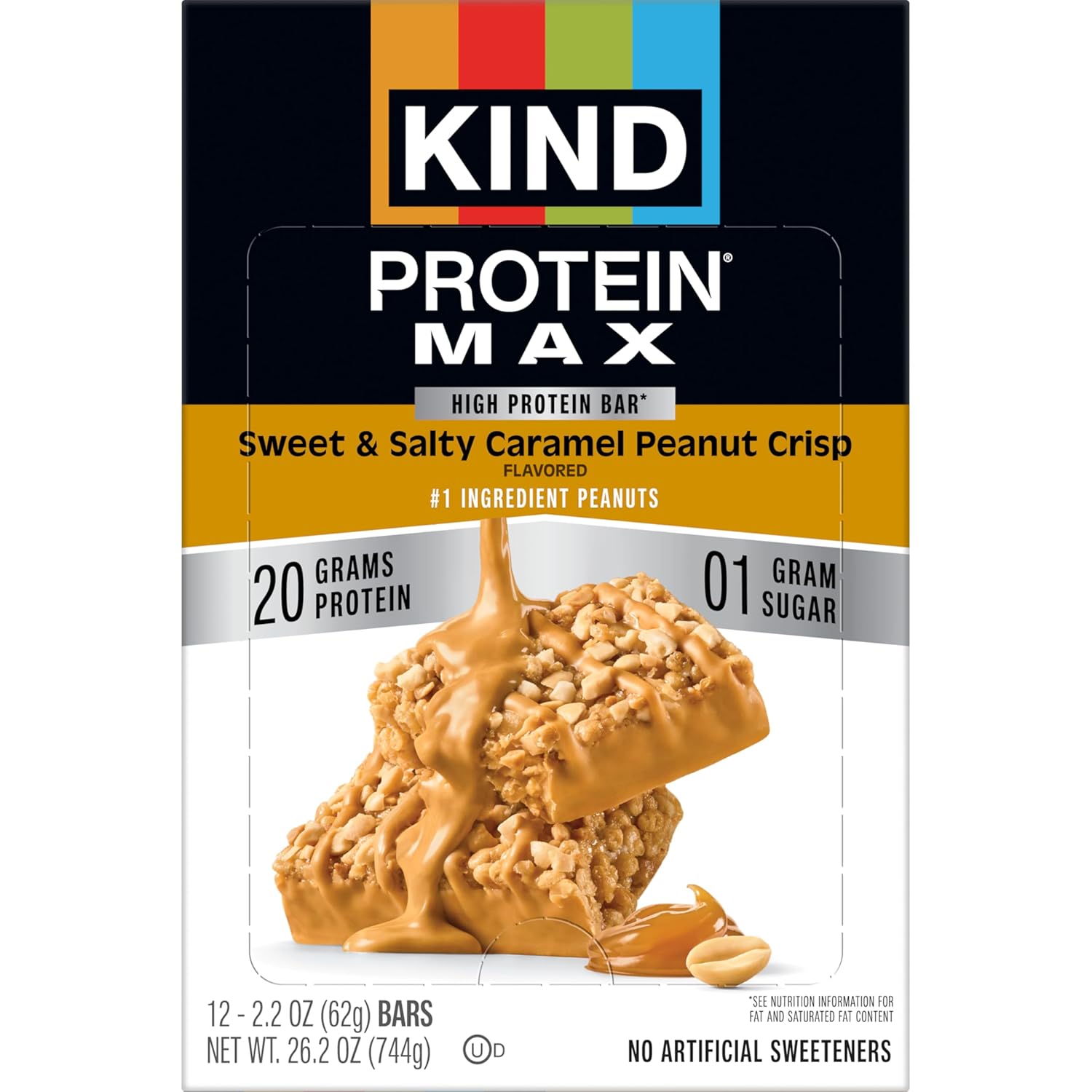KIND Protein MAX Sweet & Salty Caramel Peanut Crisp Snack Bars, Keto Friendly, 20g Protein, 12 Count | A high-fiber, post-workout recovery boost with 20g protein and 1g sugar. These crispy, keto-friendly bars are gluten free.