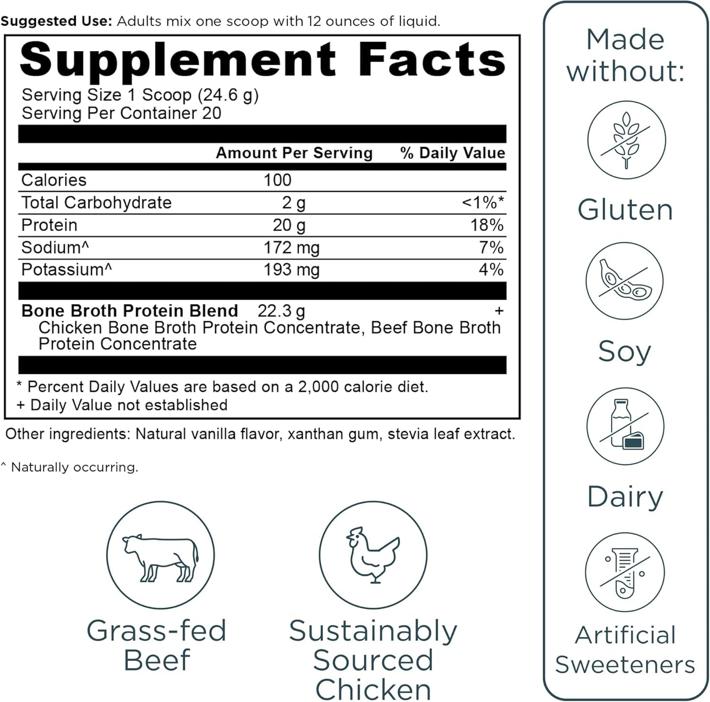 Ancient Nutrition Grass Fed Bone Broth Protein Powder, Vanilla | 20g Clean Protein, Grass-Fed & Pasture-Raised, Collagen Types I, II & III, Gut + Joint Support, 20 Servings