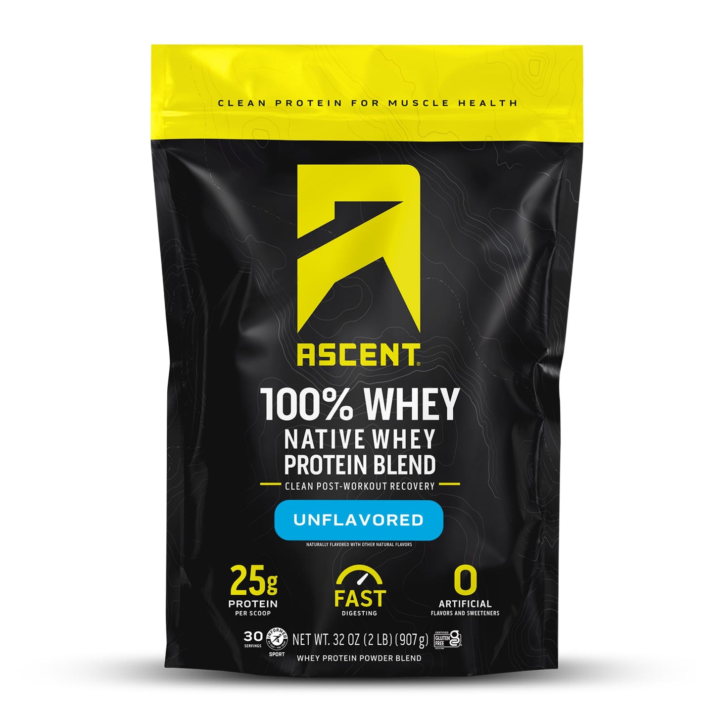 Ascent 100% Whey Protein Powder - Post Workout Whey Protein Isolate, Zero Artificial Flavors & Sweeteners, Soy & Gluten Free, 5.5g BCAA, 2.6g Leucine, Essential Amino Acids, Vanilla Bean 2 lb