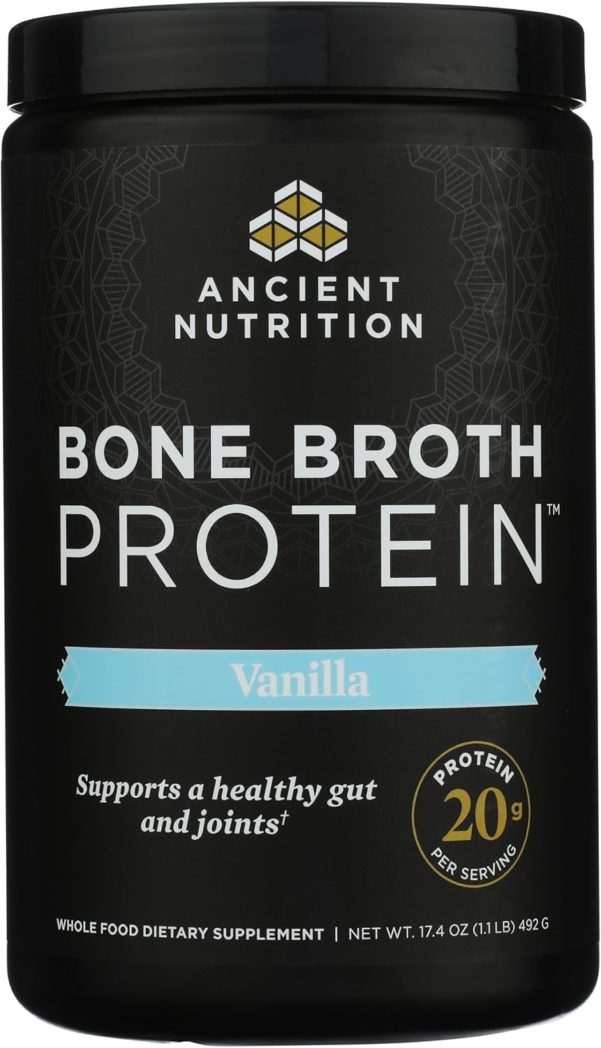 Ancient Nutrition Grass Fed Bone Broth Protein Powder, Vanilla | 20g Clean Protein, Grass-Fed & Pasture-Raised, Collagen Types I, II & III, Gut + Joint Support, 20 Servings
