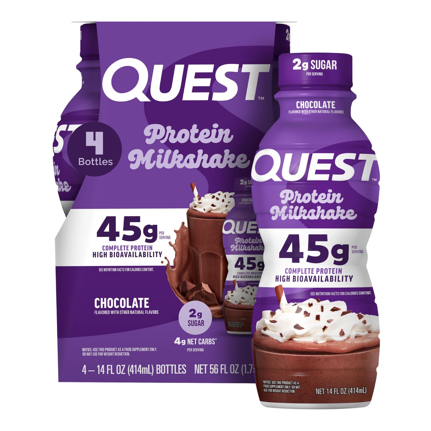 Quest Nutrition Chocolate Protein Shake, 45g Protein, 2g Sugar, 4g Net Carbs, Ready to Drink, Gluten Free, 12 Count