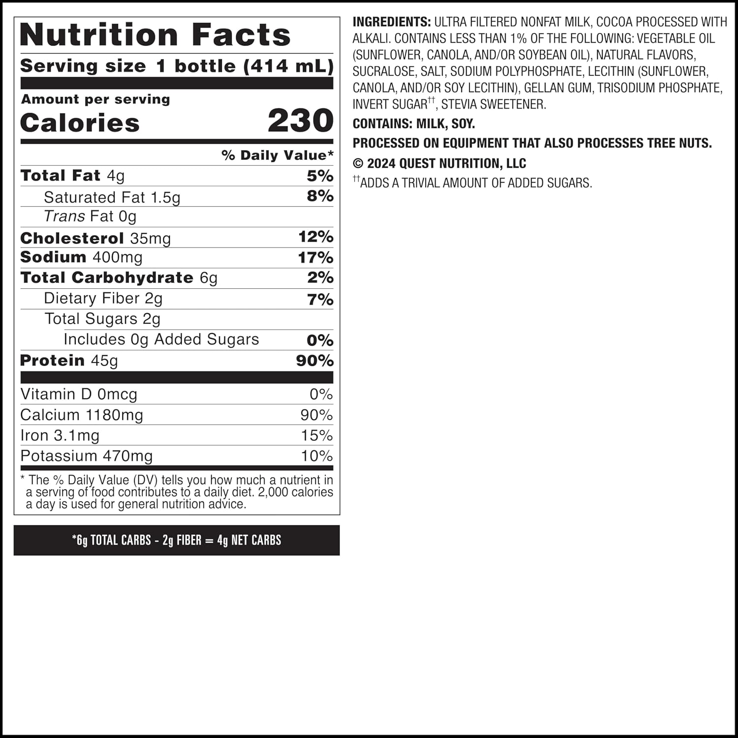 Quest Nutrition Chocolate Protein Shake, 45g Protein, 2g Sugar, 4g Net Carbs, Ready to Drink, Gluten Free, 12 Count