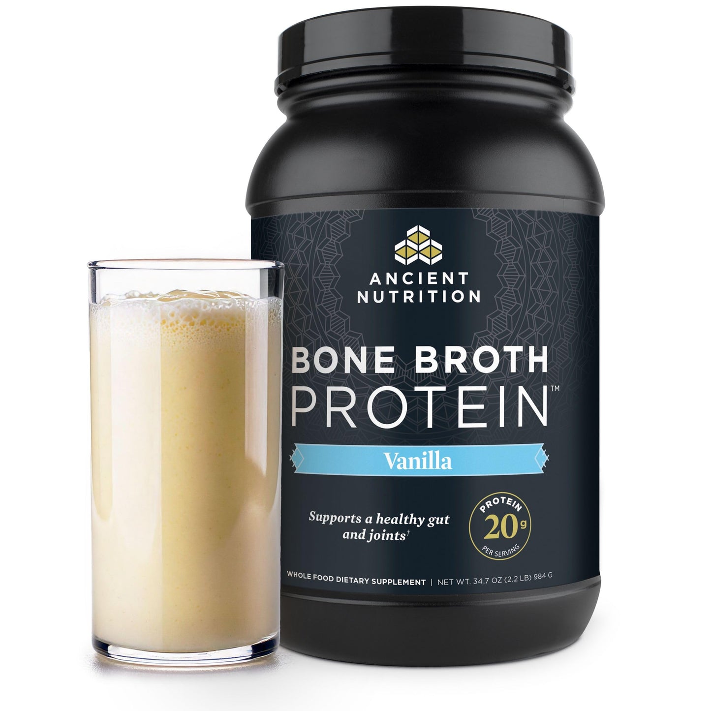 Ancient Nutrition Grass Fed Bone Broth Protein Powder, Vanilla | 20g Clean Protein, Grass-Fed & Pasture-Raised, Collagen Types I, II & III, Gut + Joint Support, 20 Servings