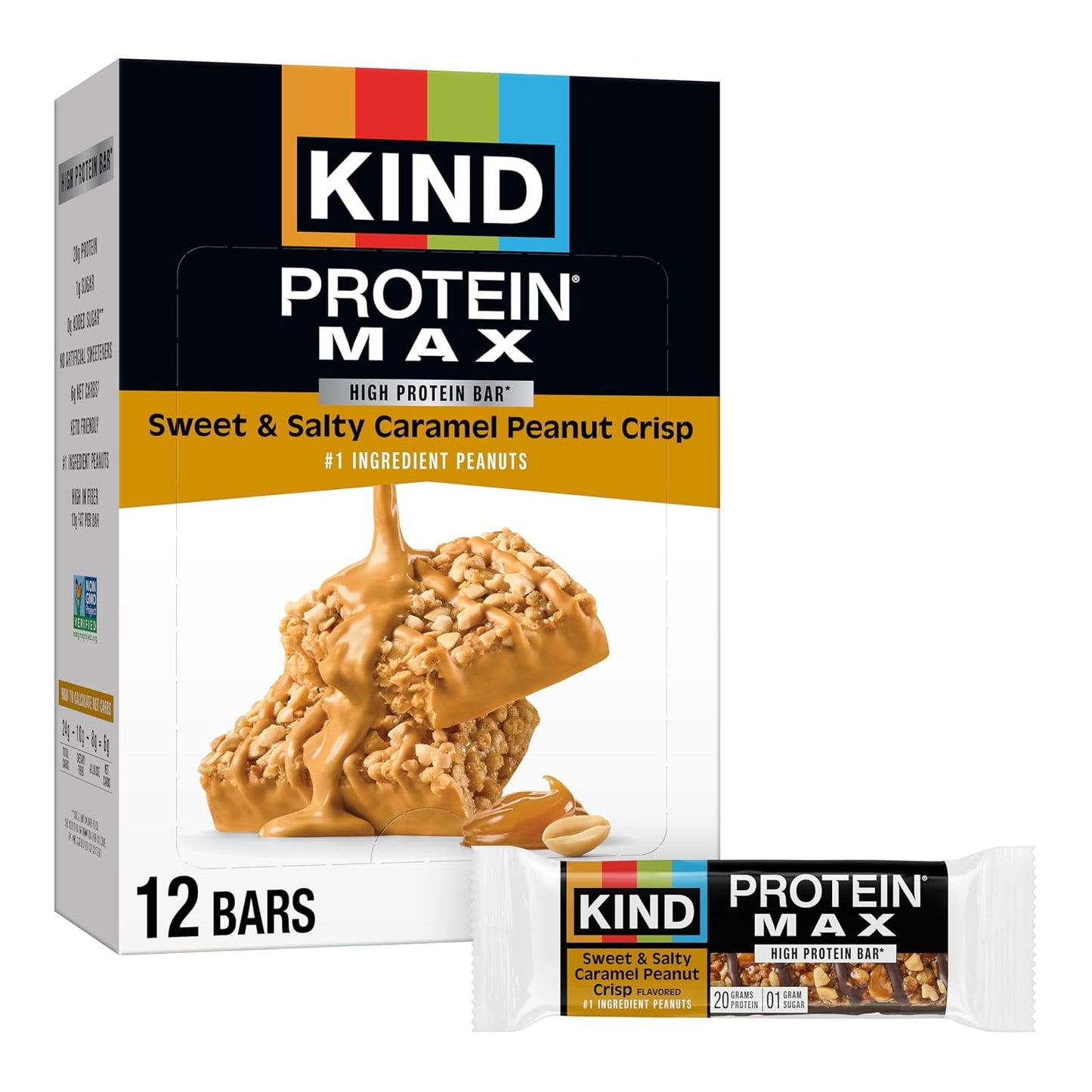 KIND Protein MAX Sweet & Salty Caramel Peanut Crisp Snack Bars, Keto Friendly, 20g Protein, 12 Count | A high-fiber, post-workout recovery boost with 20g protein and 1g sugar. These crispy, keto-friendly bars are gluten free.