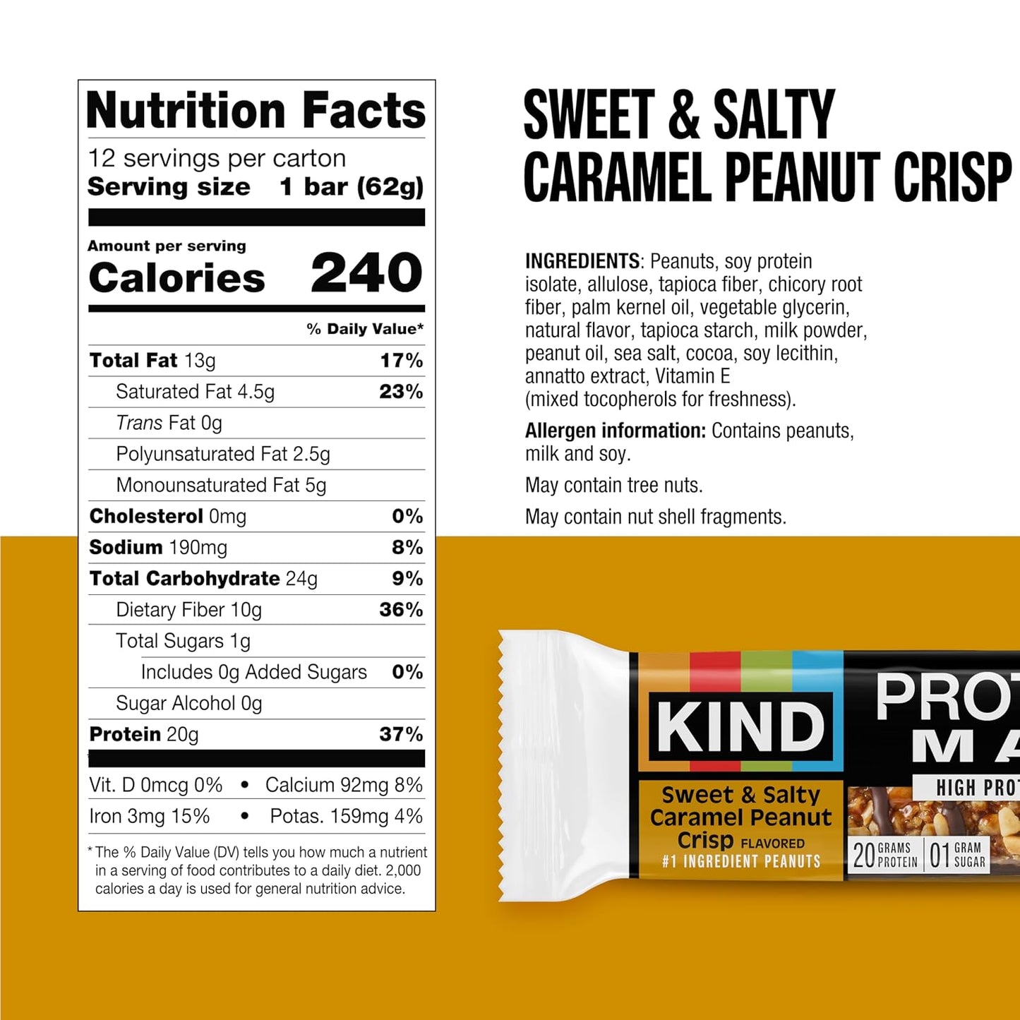 KIND Protein MAX Sweet & Salty Caramel Peanut Crisp Snack Bars, Keto Friendly, 20g Protein, 12 Count | A high-fiber, post-workout recovery boost with 20g protein and 1g sugar. These crispy, keto-friendly bars are gluten free.
