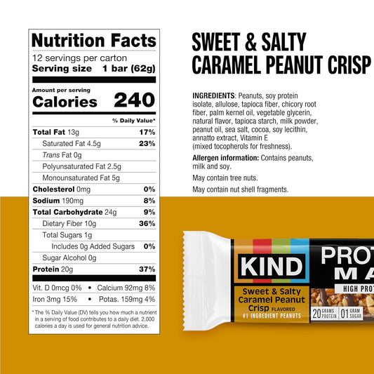 KIND Protein MAX Sweet & Salty Caramel Peanut Crisp Snack Bars, Keto Friendly, 20g Protein, 12 Count | A high-fiber, post-workout recovery boost with 20g protein and 1g sugar. These crispy, keto-friendly bars are gluten free.